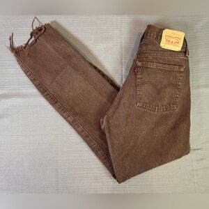 Levi’s 501 Brown Distressed Jeans W26 L30 Frayed Hem Straight Leg Button Fly